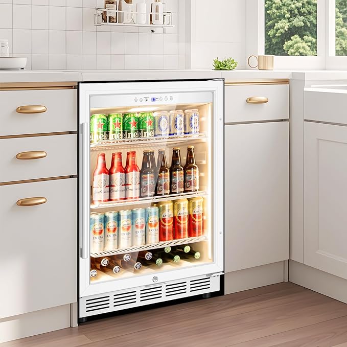 Tylza Beverage Refrigerator 24 Inch, Under Counter/Freestanding Drink Fridge, 190 Cans Beverage Cooler with Glass Door, Reversible Door, Low Noise, Quick Cooling - for Beer, Soda, ETC, White