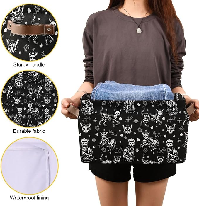 Storage Basket Bin Death Helloween Cats Gothic Organizer Basket Collapsible Shelf Basket Cube with handle for Nursery Bedroom Bathroom