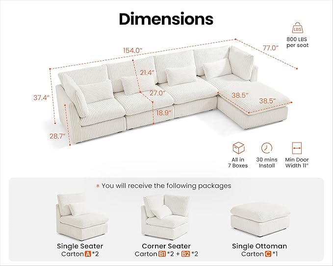 Oversized Modular Sofa, Extra Deep Cloud Corduroy Sectional Couch with Ottoman Chaise, Fluffy Corduroy 5 Seater Sofa Bed for Living Room, Villa (L Shape 5 Seater, Corduroy White)