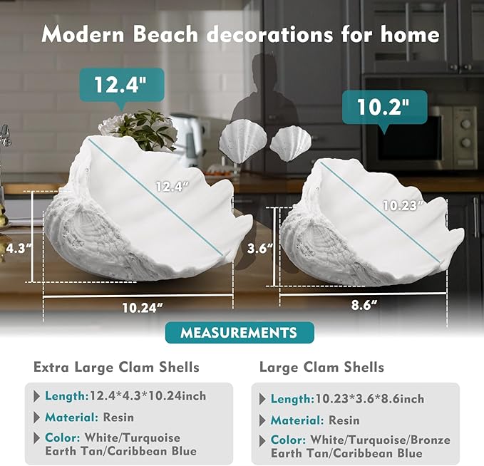 Accessoryway Large White Sea Shells Decorative Bowl Resin Clam Shell Bowl Beach Decorations for Home Coastal Beach Decor Decoration Storage Bowls & Home Office Nautical Themed Party Decor -10.2"-1PC