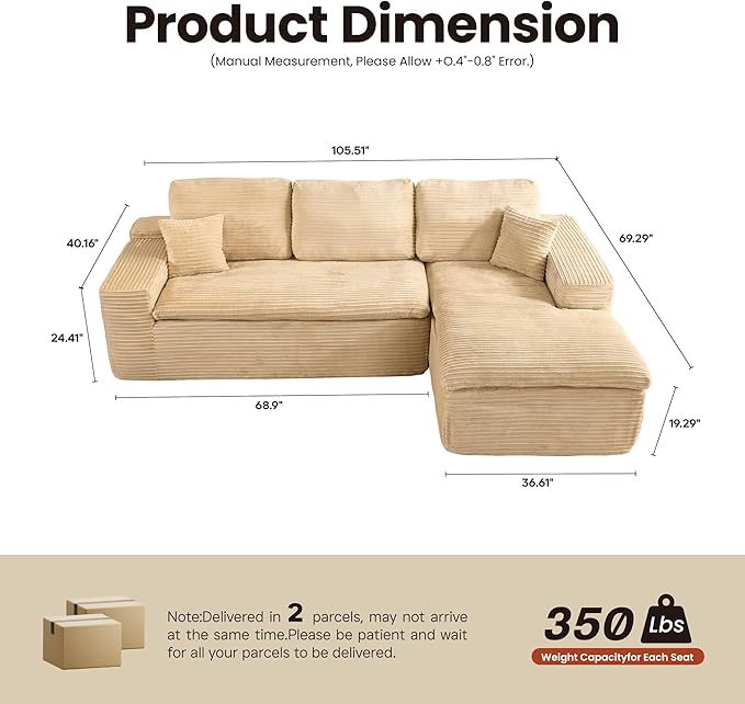 ovios 105” Modular Sectional Sofa with Thicken Seat Cushion, Cloud Couch with Deep Seat, Modern L-Shape Sofas Couches with Chaise,Upholstered Couches for Living Room Bedroom,Camel