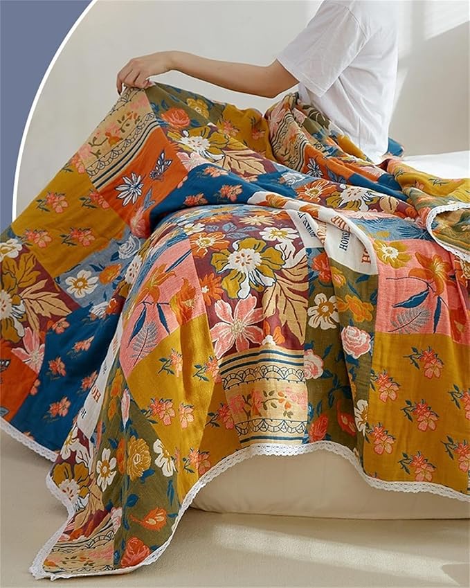 Throw Blanket for Couch Bed, 100% Cotton Muslin 60''x80'' Travel Bed Blankets Mexican Boho Quilt Flowers Blanket Lightweight Blanket Soft Warm Throws Gifts for Women Mom