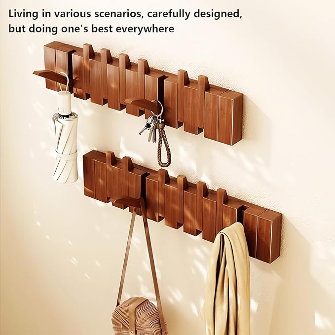 Wall Mounted Piano Key Hanger | Flip Style Hook | Entrance Wall Art Hook, Made of Oak Wood (3 Times Painted, 4 Times Polished) (LED Walnut, 4Hooks)