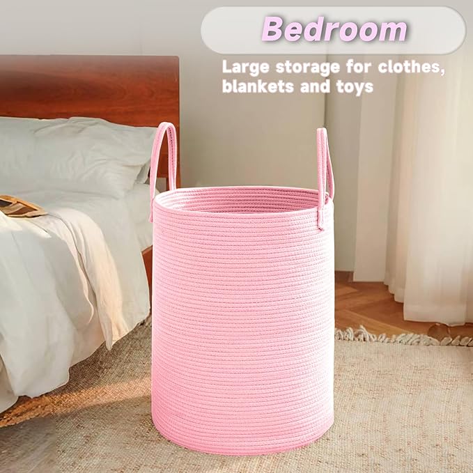 Large Woven Laundry Basket Hamper,60L Cotton Rope Storage Bin for Blankets,Toys and Clothes,Decorative Tall Nursery Hamper for Living Room,Baby Nursery,Bathroom and Bedroom,Pink