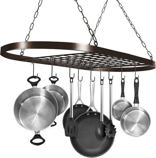 Sorbus Pot and Pan Rack for Ceiling 31" with 10 S Hooks — Decorative Oval Mounted Storage Rack — Multi-Purpose Organizer Great for Home, Restaurant, Kitchen Cookware, Utensils, Books, (Bronze)