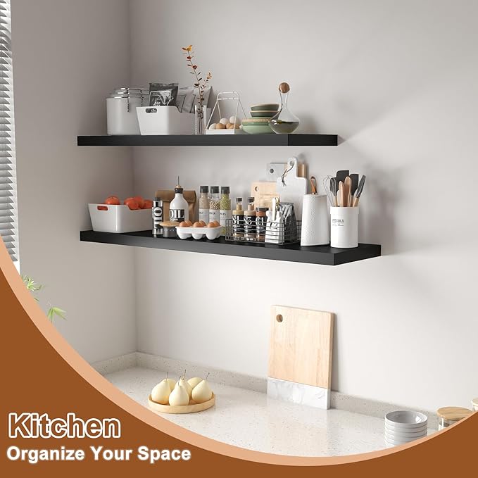 12 Inch Deep Floating Shelves for Wall 3 Pack Floating Shelves Large Storage Space Wall Mount Shelf for Living Room Kitchen Bathroom 36" W x 12" D x 1.2" H Black