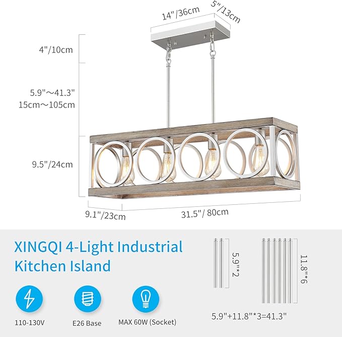 XINGQI Farmhouse Dining Room Chandeliers, Rectangle Vintage Hanging Lighting Fixtures, 4-Light Kitchen Island Lighting, Rustic Metal Chandelier Pendant Light, Antique Wood Grain XY082