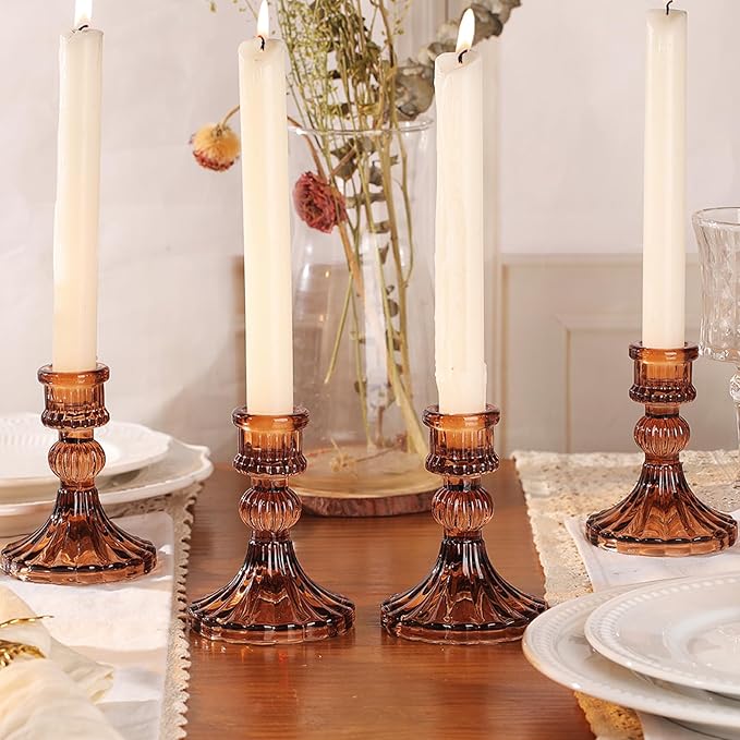 12PCS Amber Candlestick Holders Set- 4" H Taper Candle Holders, Glass Candle Holders Bulk for Wedding, Party, Fall Home Table Centerpieces, Festival Gifts & Windowsill Decor