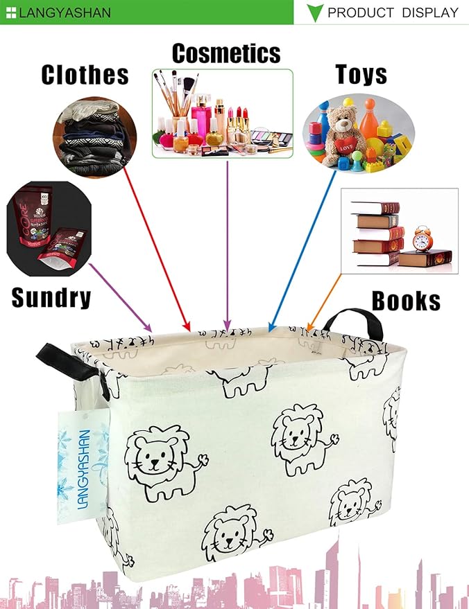 LANGYASHAN Rectangular Storage Bin Collapse Canvas Fabric Cartoon Storage Basket with Handles for Organizing Home Kitchen Boys and Girls Toys Office Closet Shelf Baskets (Rec lion)