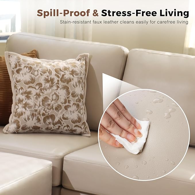 91.5" Faux Leather U Shaped Modular Sectional Sofa, 5 Seater Couch with Movable Ottoman Deep Seat and Storage Seat with Removable Cover for Living Room, Apartment - Whitesand