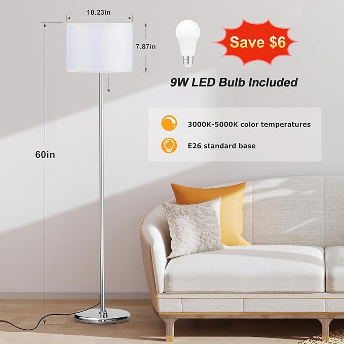 Ambimall Floor Lamps for Living Room with 3 Color Temperatures Bulb & Pull Chain Switch, 60" Modern Standing Floor Lamp for Bedroom Kids Room Study Room(White Shade & Silver Pole)
