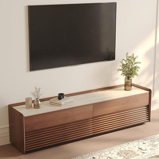 POVISON Fully-Assembled Mid Century Matte Sintered Stone TV Stand, 70.87" Wood Media Console with Adjustable LED Light, Entertainment Center with Storage for Living Room