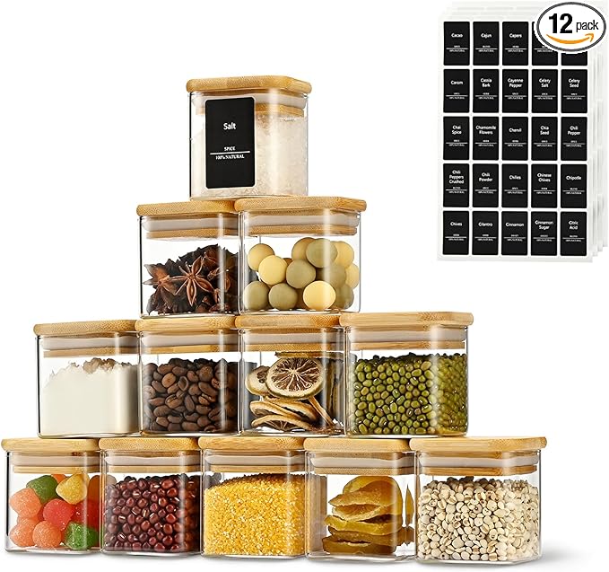 5oz Airtight Square Spice Containers with Bamboo Lid Set of 12 with Black Lables Storage Stackable Spice Jar, Kitchen Canister for Sugar, Tea, Flour, Salt and Seasonings (Clear Glass)