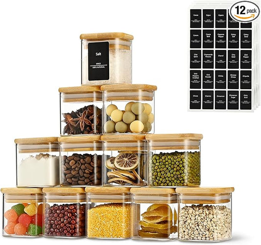 5oz Airtight Square Spice Containers with Bamboo Lid Set of 12 with Black Lables Storage Stackable Spice Jar, Kitchen Canister for Sugar, Tea, Flour, Salt and Seasonings (Clear Glass)
