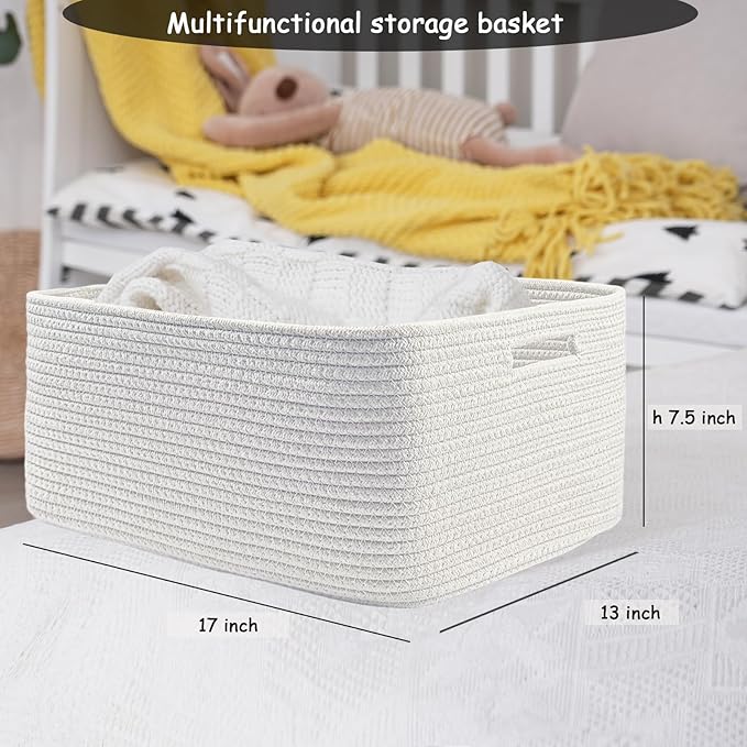 COMFY-HOMI Cotton Rope Woven Basket with Handles for Shelves,Toys,Book, Cloth Storage Baskets for Organizing-17" x 13" x 7.5" Toy Decorative Organizer for Living Room, Bathroom (All White)