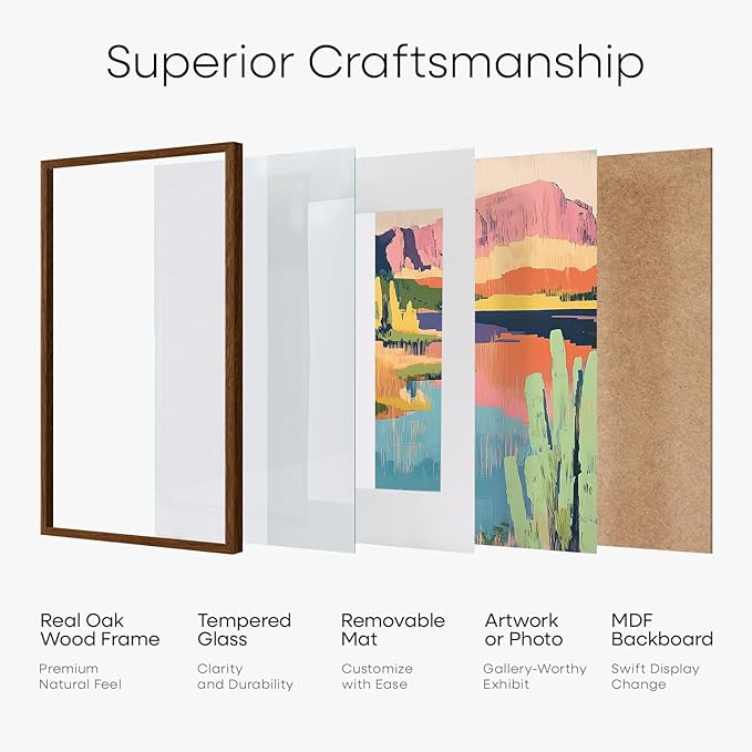 Homeforia Walnut Picture Frame 16x24, High End Dark Oak 16x24 Brown Wooden Frames with Mat 12x18, 16 x 24 Wood Poster Frame Matted to 12 by 18, 24x16 Hanging Frames, Tempered Glass, Wall Kit, Set of 1