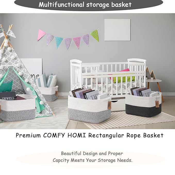 COMFY-HOMI 3-Pack Cotton Rope Woven Basket with Handles for Shelves, Book, Cloth Basket|Dog Toy Basket for Organizingy|13.5" x 11" x 9.5" for Bedroom(White/Grey)