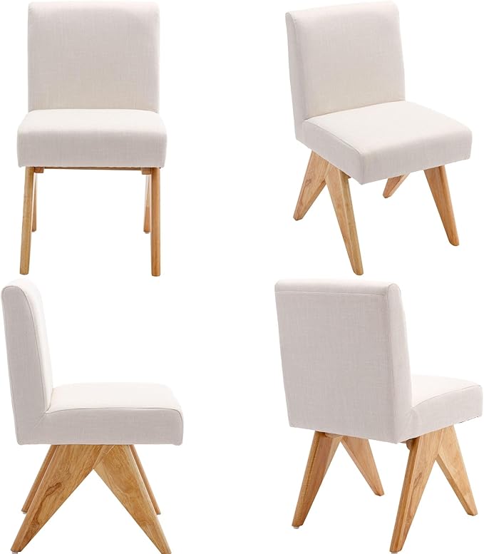 Mid Century Modern Farmhouse Dining Chairs Set of 2, Upholstered Armless Kitchen Chairs with Back and Wooden Legs, Linen Beige