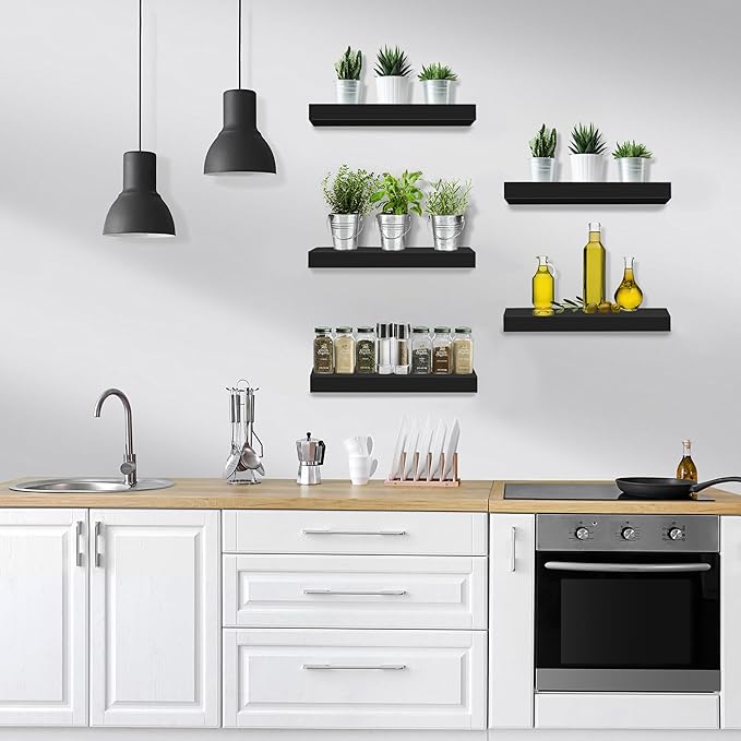 Sorbus Floating Shelves for Wall, Bathroom Shelves Wall Mounted for Kitchen, Bedroom, Living Room, Bathroom Storage, Over Toilet, Hanging Book Shelf for Wall Home Decor (Black, 5 Pack)