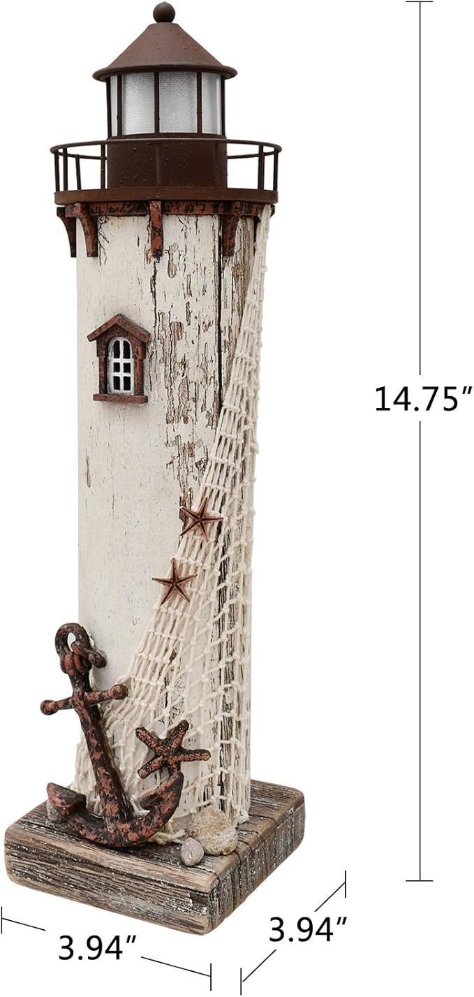 Linfevisi Wood Lighthouse Decor Rustic LED Light House Decor Wooden Decorative Nautical Lighthouse Statue Coastal Beach Themed Lighthouse Handcrafted Tabletop Decoration Home Bathroom (14.75")