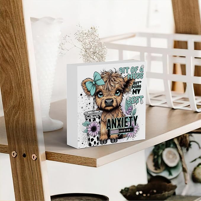 Highland Cow Western Sunflower Decor, Highland Cow Gifts for women, Highland Cow Baby Decor, Highland Cow Nursery Decor, Wooden Box Decor Sign for Home Farmhouse Office Living Room Table Shelf Tiered