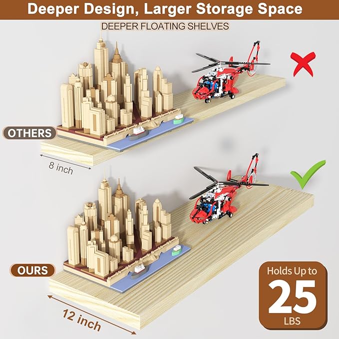 12 Inch Deep Floating Shelves for Wall 1 Pack Floating Shelves Large Storage Space Wall Mount Shelf for Living Room Kitchen Bathroom 24" W x 12" D x 1.2" H Oak