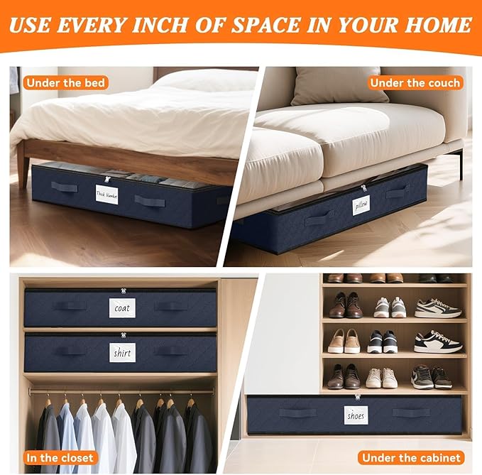 SpaceWhisper 90L Under Bed Storage Containers, 6-Pack Storage Bins with Clear Top, Foldable Closet Organizers and Storage with Label Holder for Clothing, Blankets, Comforter & Pillows(Blue)