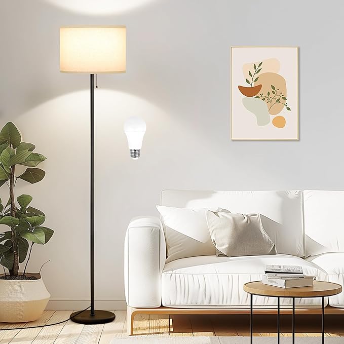Ambimall Floor Lamps for Living Room with 3 Color Temperatures Bulb & Pull Chain Switch, 60" Modern Standing Floor Lamp for Bedroom Kids Room Study Room(Dark Beige Shade & Black Pole)