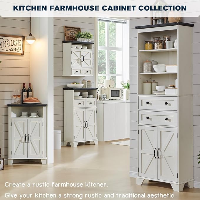 Bathroom Floor Cabinet, Farmhouse Storage Cabinet, 24" Wide Cabinet with Drawer, Adjustable Shelf, Barn Doors, Cabinets for Bathroom, Kitchen, Living Room, Off White