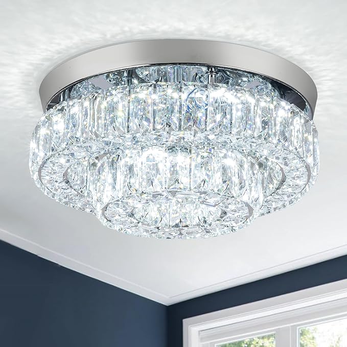 12 Inch Crystal Chandelier LED Ceiling Light 2 Tier Flush Mount Ceiling Light Fixtures Modern Chandelier Lighting for Hallway Bedroom Dining Room Kitchen (Cool White)