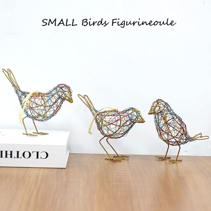 Modern Table Decor Set of 3 - Handmade Metal Bird Sculptures with Colorful Wire Weaving, Multi-Pose Rustic Home Accent & Christmas Tree Ornaments