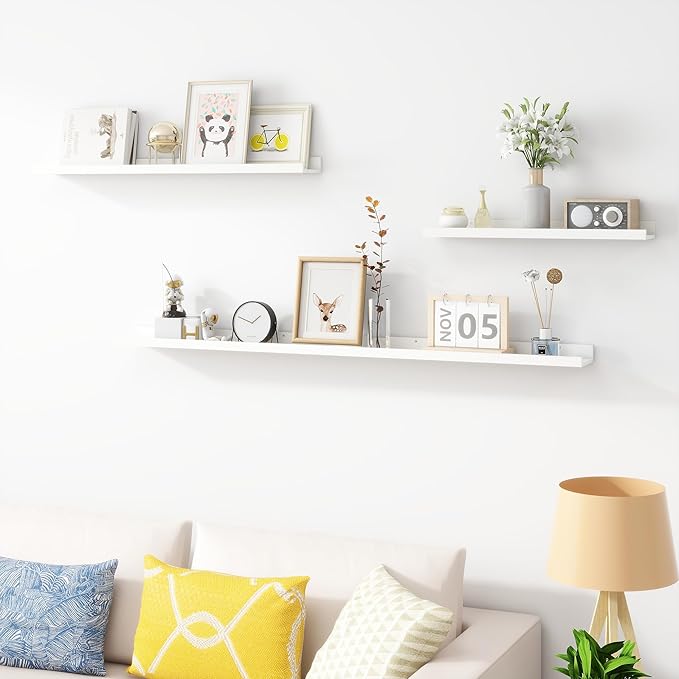 Picture Ledge Shelf, Wood Long Floating Shelves for Wall, Set of 2, 56 inch Picture Ledge Shelves, Photo Ledge Nursery Book Shelves Wall Mounted for Living Room Kids' Room Bedroom, Color White