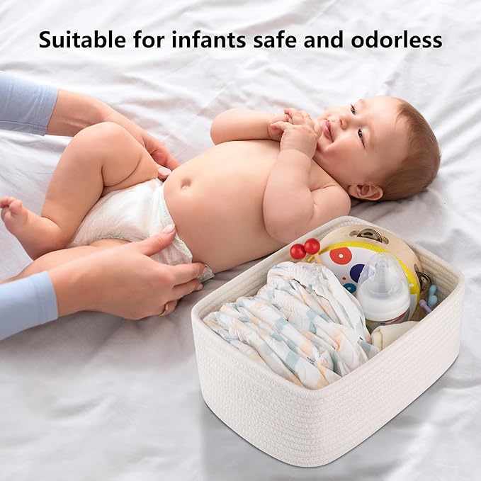 4 Pack Small Storage Shelf Baskets for Organizing, Mini Woven Rope Storage Bins for Towels, Cute Decorative Closet Organizer,Baby Nursery, Gift Empty Baskets -11.81''Lx7.87''Wx4.72''H-White