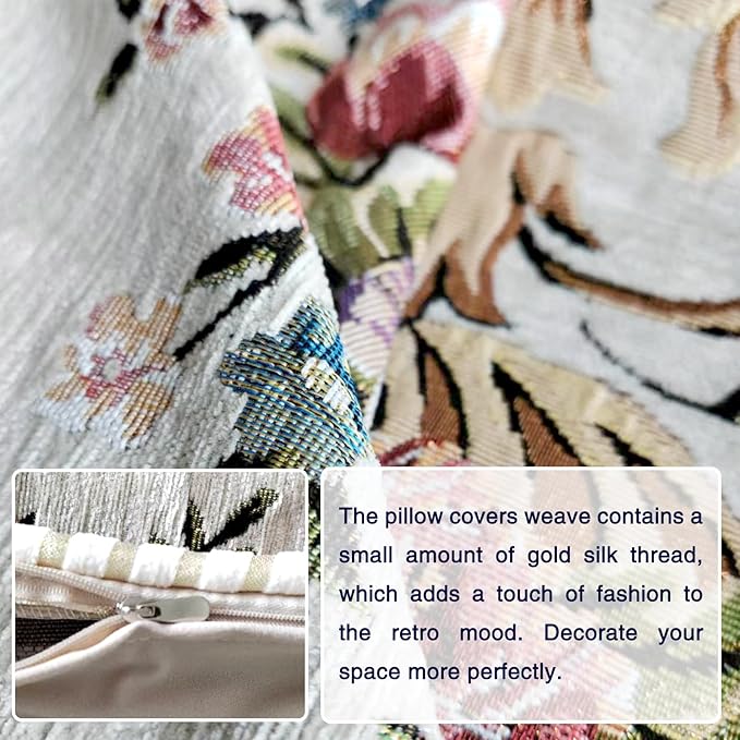 Set of 2 Beige Vintage Throw Pillows Covers 18x18in,Floral Embroidered Cushion Cover for Sofa Bedroom,Euro Sham Covers Retro Home Decor Pillows Covers