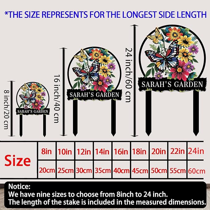 Personalized Butterfly Metal Sign with Stake,Custom Gardener Family Name Signs Outdoor Decorate,Customized Garden Accessories Decor for Mother's Day,Sunflowers Plaques for Patio Lawn Porch Backyard