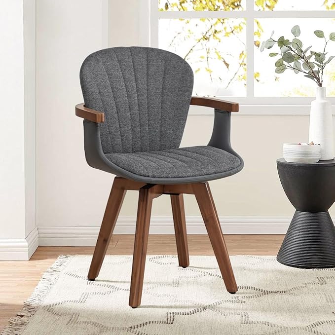 LUNLING Swivel Dining Chairs, Mid Century Modern Gray Fabric+Faux Leather Kitchen Chairs with Arms,Bamboo Legs Side Chairs No Wheels,Accent Chair for Dining Rooms and Offices(Gray Fabric,1PCS)