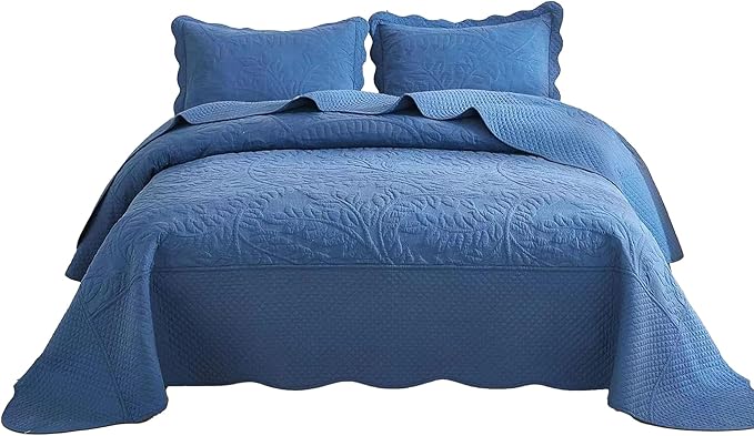 MarCielo 3-Piece 100% Cotton Oversized Bedspread Lightweight Quilt Coverlet Embroidery Farmhouse Bedding Set T0 (Midtone Blue, Oversized King (118"x106"))