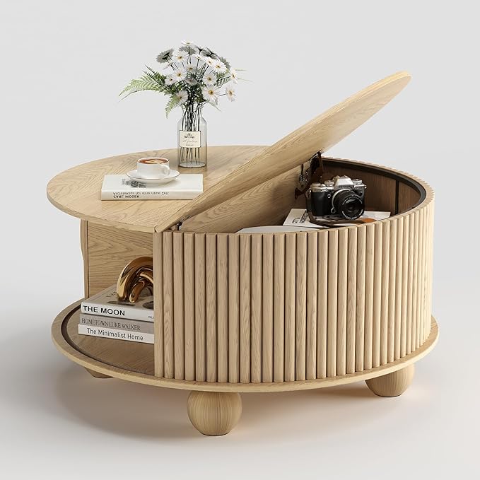 Round Coffee Table with Storage,Fluted Lift Up Coffee Table with Sliding Door,31.5" Drum Center Table with Bun Feet for Living Room,Home Small Space,Oak