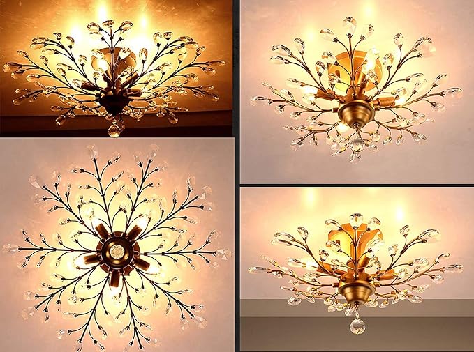 Ganeed Crystal Chandeliers,Vintage K9 Clear LED Ceiling Lighting,Edison Pendant Light Flush Mounted Fixture with 5 Light for Living Room Dinning Room Restaurant Porch Hallway (Gold)
