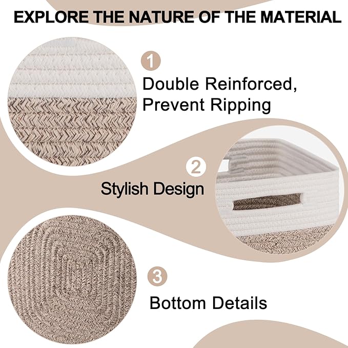 OIAHOMY Cube Storage Basket, 3-Pack Woven Cotton Rope Baskets, 11-Inch Cube Basket with Handles, Great for Shelves, Closets, Children's Toy Organization - White & Brown