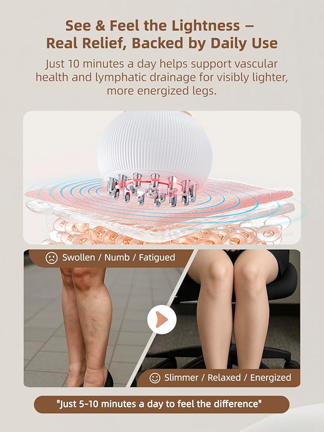 Leg Massager for Circulation and Pain Relief, Lymphatic Drainage & Varicose Veins Support - Calf, Foot & Knee Massager with SoothingPulse, Heat, Light & Vibration – Ideal for Swelling & Fatigue, White