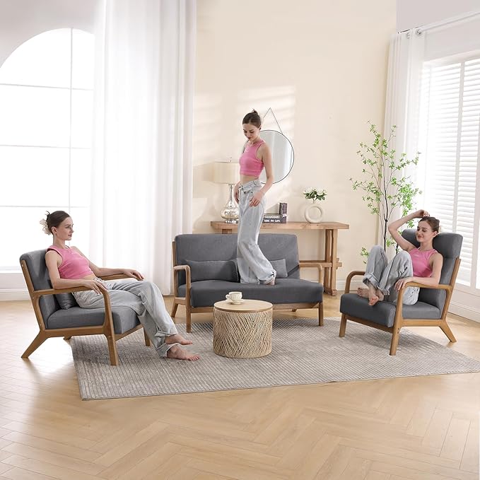 INZOY Mid Century Modern Accent Chair with Wood Frame, Upholstered Living Room Chairs with Waist Cushion, Reading Armchair for Bedroom Sunroom (Dark Grey)