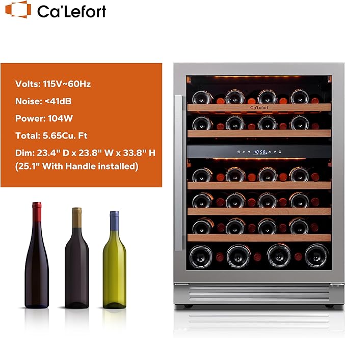 Ca'Lefort Wine Fridge & Cooler - 24 Inch 46 Bottle Wine Cooler Refrigerator, 40-65°F Dual Zone Wine Refrigerator Glass Door, 3 LED Built-in or Freestanding Fridge for Home/Bar/Kitchen (5.65 cu.ft)