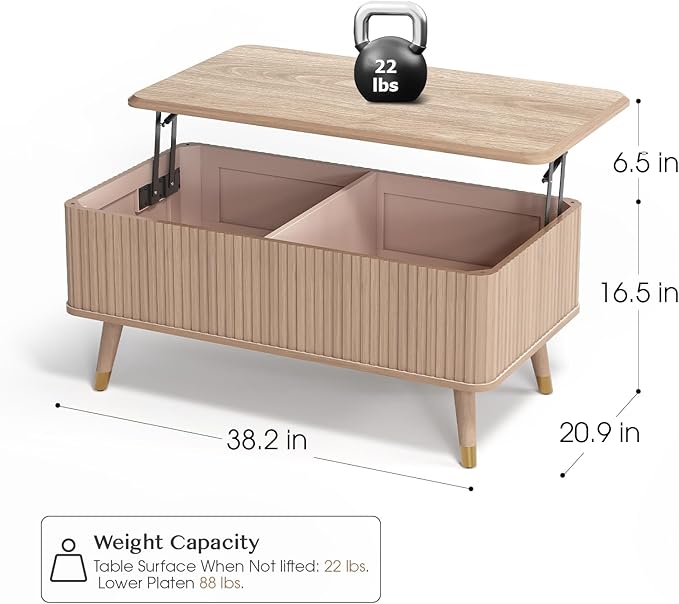 Lift Top Coffee Table with Storage Shelf & Hidden Compartment, Mid Century Modern Fluted Rectangle Dining Table for Living Room, Home Office, Natural Oak