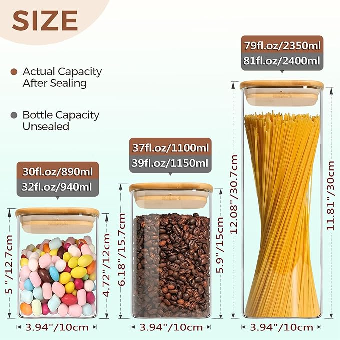 Food Storage Containers with Airtight Bamboo Lids Set of 5, Glass Canisters with Airtight Lids, Glass Food Storage Containers for Pasta, Oats, Coffee, Flour, Sugar, Best for Kitchen, Square