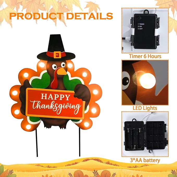 2 PCS Fall Decorations Outdoor Metal Happy Thanksgiving Decorative Garden Stakes with Led Light Welcome Pumpkin Turkey Yard Signs Fall Harvest Lawn Garden Lawn Pathway Decor