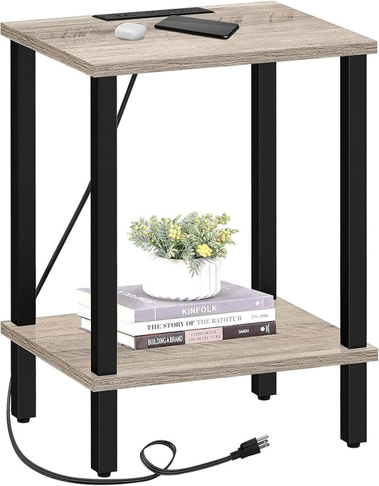 TUTOTAK End Table with Charging Station, Small Side Table with Outlets, Nightstand Bedside Table, 2-Tier Storage Shelf for Small Space, Living Room, Bedroom, Greige TB01BG040
