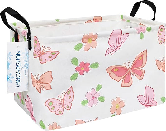 LANGYASHAN Rectangular Storage Bin Collapse Canvas Fabric Cartoon Storage Basket with Handles for Organizing Home Kitchen Boys and Girls Toys Office Closet Shelf Baskets (Rec Pink Butterfly)