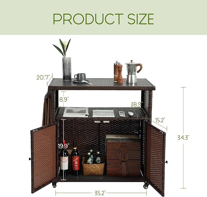 Wicker Outdoor Bar Cart - Brown Patio Console Storage Table Buffet Cabinet Serving Kitchen Cart with Wheels for Outside Backyard