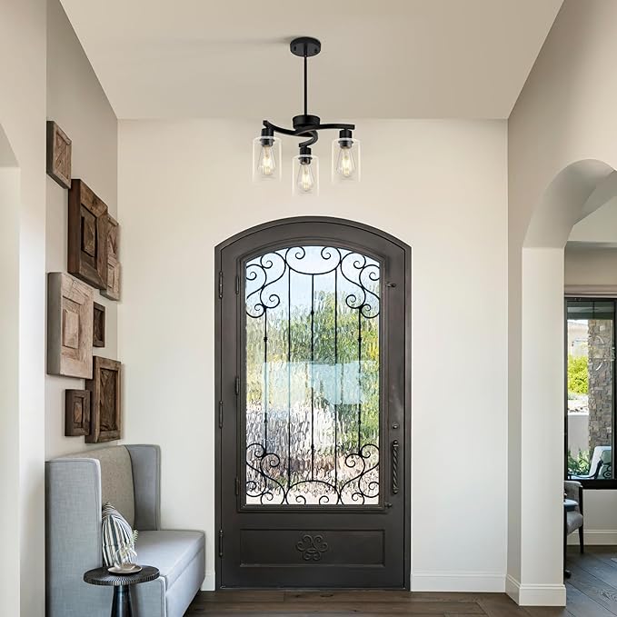 3 Light Modern Dining Chandeliers Over Table,Black Light Fixture for Dining Room,Farmhouse Chandelier with Glass Shade,Industrial Pendant Lighting for Kitchen Island,Foyer,Hallway, Bedroom